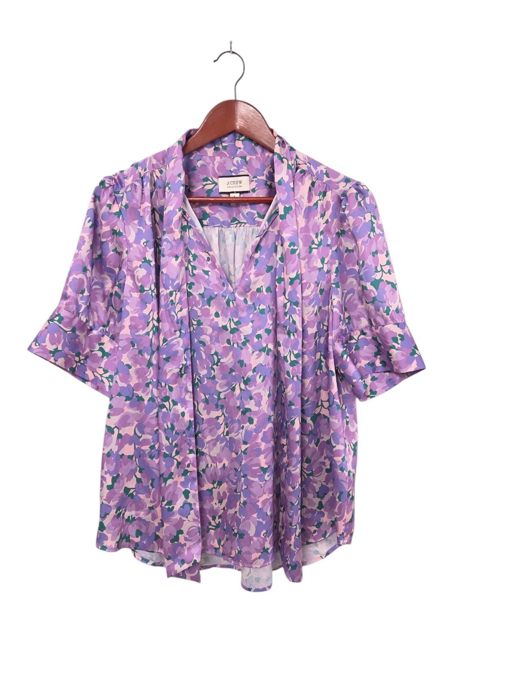 J.Crew Collection Tie-Neck Top Ratti Lilac Collage Print short-sleeve Womens L